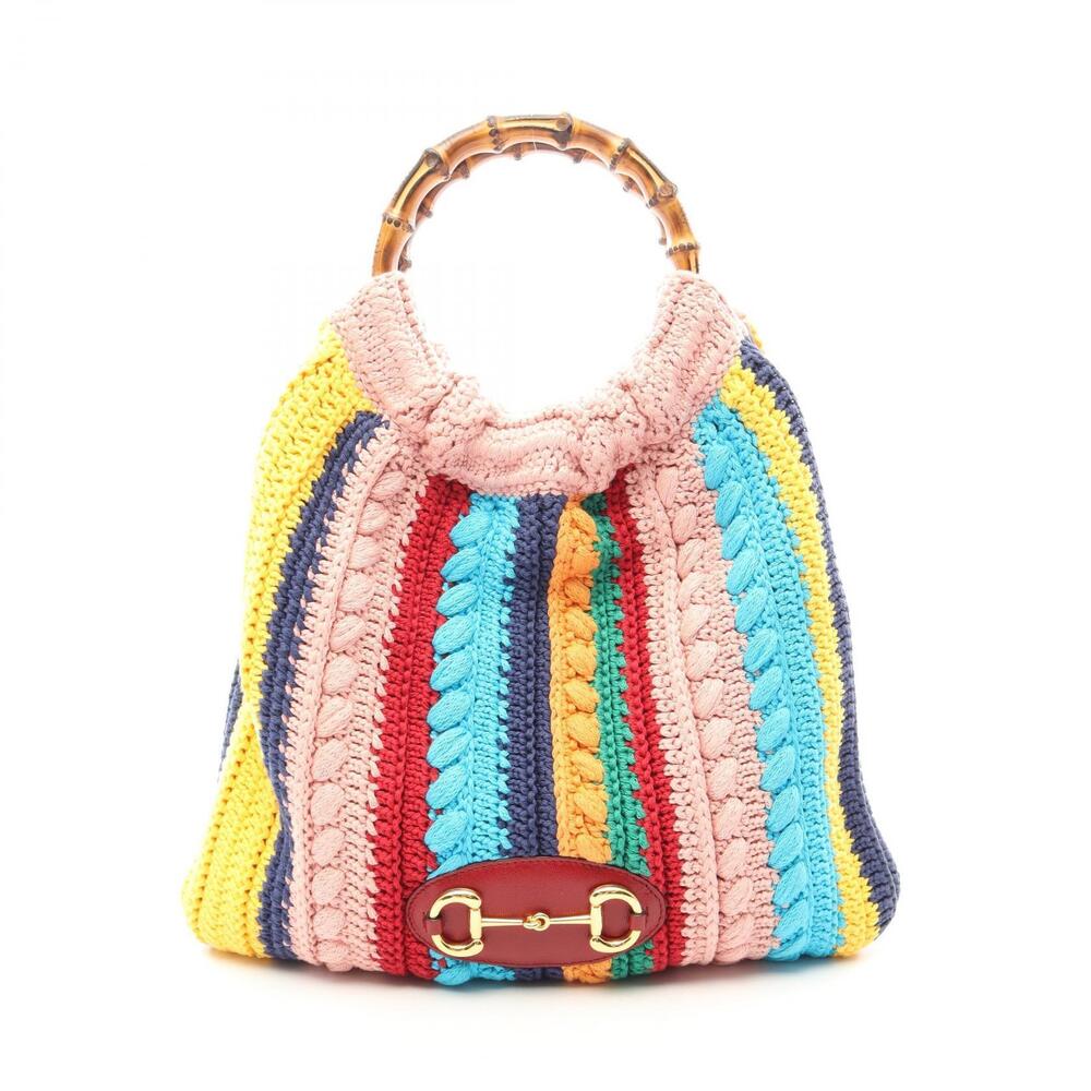 Gucci Horsebit Bamboo Top Handle Bag Leather Multicolor Blue Cream